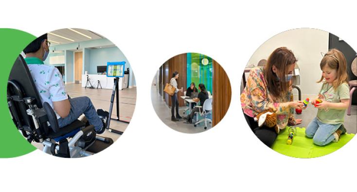 3 photos in circle shape, the most left is the back on a child sitting on a wheel chair, the middle photo shows 3 adults, 2 sitting while the other one standing. The third photo shows a medical staff with mask on, playing with a child.